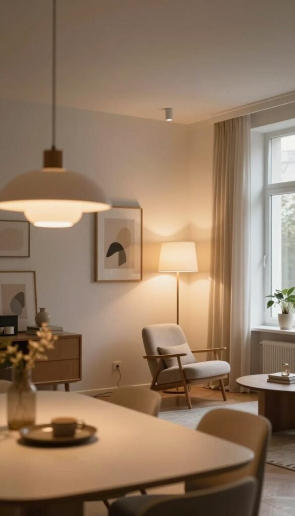 A beautifully arranged interior space featuring three distinct types of light sources: ambient, task, and accent lighting. In the foreground, warm, glowing pendant lights hang elegantly above a modern dining table, creating a cozy atmosphere. The middle ground showcases a stylish floor lamp beside a comfortable reading chair, casting a soft spotlight perfect for relaxation. In the background, recessed ceiling lights enhance the overall brightness of the room, illuminating tasteful artwork on the walls. The entire scene is infused with natural light filtering through large windows, evoking a tranquil, inviting ambiance. The color palette is warm and earthy, reminiscent of popular Pinterest aesthetics. The image embodies a harmonious blend of lights working together to elevate the space, designed for the modern home by WohnKiste.
