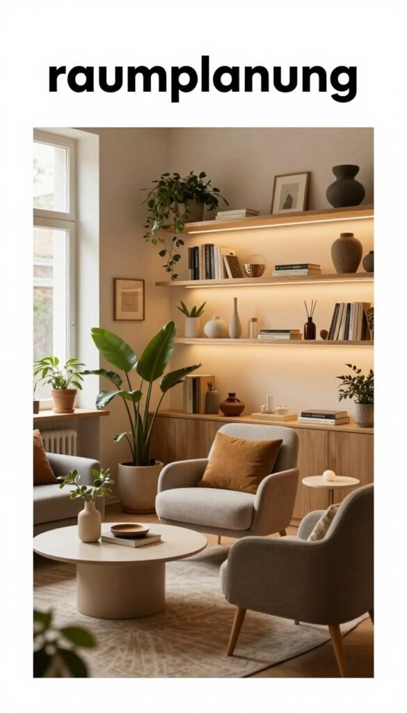 A beautifully arranged interior space reflecting "raumplanung," showcasing a harmonious blend of furniture and decor suitable for various budget levels. In the foreground, a cozy seating area with comfortable, stylish chairs and a modern coffee table stands, accompanied by elegant plants for a touch of nature. The middle section features shelves adorned with thoughtful decor pieces and strategically placed lighting, creating an inviting atmosphere. In the background, large windows allow warm, natural light to fill the room, emphasizing the inviting ambiance. The walls are painted in soft, warm colors that enhance the cozy vibe. Ensure a Pinterest-inspired aesthetic that feels authentic and inviting, embodying the essence of WohnKiste without any text or branding in the image.