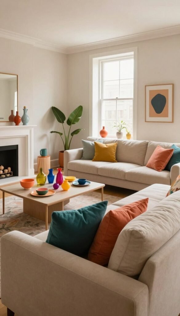 A beautifully arranged interior space, showcasing a balance between vibrant and muted colors, demonstrating typical color mistakes in design. In the foreground, a stylish sofa in a soft beige, adorned with colorful throw pillows in shades of teal, mustard, and coral. In the middle, a coffee table with a chaotic arrangement of colorful decor items against a backdrop of monotonous, pale walls. The background features a large window with natural light streaming in, highlighting the warm, inviting atmosphere. Use a wide-angle lens perspective to capture the entirety of the space, ensuring an authentic Pinterest-inspired aesthetic. The overall mood should evoke a blend of creativity and discomfort, illustrating the pitfalls of overly bold or boring color choices, all without any text or branding, except for subtle inclusion of "WohnKiste" through interior accessories.