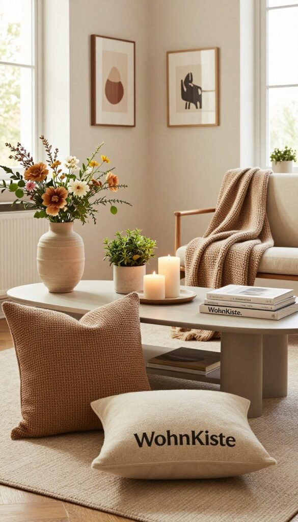 A beautifully arranged interior space showcasing a variety of timeless home accessories from "WohnKiste." In the foreground, there are elegant decorative items like textured throw pillows, a chic vase with seasonal flowers, and a cozy knitted blanket draped over a modern chair. In the middle, a stylish coffee table displays minimalistic candles, a small plant, and a stack of art books. The background features soft, neutral walls adorned with tasteful wall art and a window allowing warm, natural light to flood the room. The atmosphere is inviting and serene, with a Pinterest-inspired aesthetic emphasizing warm colors and an authentic feel. The composition is carefully balanced, encouraging a cozy, seasonal vibe without any text or distractions. A beautifully arranged interior space showcasing a variety of timeless home accessories from "WohnKiste." In the foreground, there are elegant decorative items like textured throw pillows, a chic vase with seasonal flowers, and a cozy knitted blanket draped over a modern chair. In the middle, a stylish coffee table displays minimalistic candles, a small plant, and a stack of art books. The background features soft, neutral walls adorned with tasteful wall art and a window allowing warm, natural light to flood the room. The atmosphere is inviting and serene, with a Pinterest-inspired aesthetic emphasizing warm colors and an authentic feel. The composition is carefully balanced, encouraging a cozy, seasonal vibe without any text or distractions.