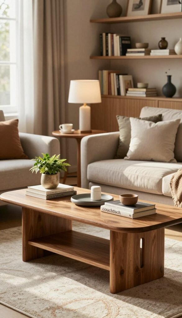 A beautifully arranged living room featuring a stylish "couchtisch" from the brand "WohnKiste" as the central focus. The foreground showcases the wooden table, adorned with a cozy arrangement of books, a decorative plant, and a modern centerpiece that invites relaxation. In the middle ground, a plush sofa with soft cushions complements the table, while a chic side table holds a delicate lamp, enhancing the atmosphere. The background features well-organized shelves filled with books and decorative items, conveying a sense of order and functionality. Natural light streams in from a nearby window, casting warm highlights across the scene, creating an inviting and serene ambiance reminiscent of a Pinterest interior. The overall mood is chic, cozy, and stylish, perfect for everyday living.