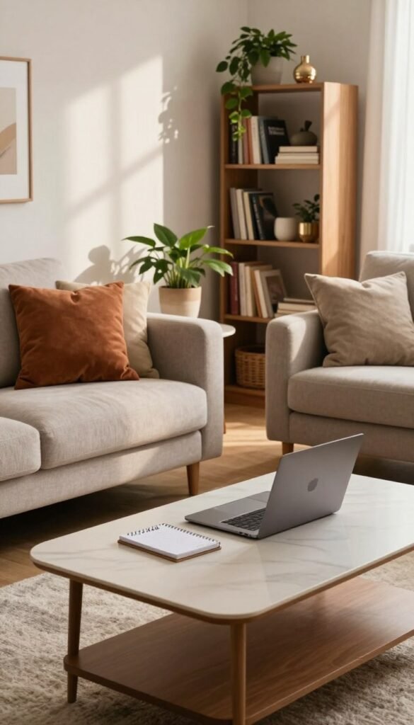 A beautifully arranged living room interior showcasing essential furniture buying criteria. In the foreground, a stylish coffee table with a small notepad and a laptop, symbolizing research on furniture options. The middle ground features a comfortable sofa and an inviting armchair, decorated with cushions in warm, earthy tones, inviting a cozy atmosphere. The background includes a decorative bookshelf filled with plants and elegant decor, enhancing the Pinterest aesthetic. Soft, natural lighting filters through a window, casting gentle shadows and creating an inviting glow. The entire scene conveys a mood of warmth and authenticity, with a subtle hint of sophisticated decor exploration. Include branding for "WohnKiste" subtly within the furnishings. A beautifully arranged living room interior showcasing essential furniture buying criteria. In the foreground, a stylish coffee table with a small notepad and a laptop, symbolizing research on furniture options. The middle ground features a comfortable sofa and an inviting armchair, decorated with cushions in warm, earthy tones, inviting a cozy atmosphere. The background includes a decorative bookshelf filled with plants and elegant decor, enhancing the Pinterest aesthetic. Soft, natural lighting filters through a window, casting gentle shadows and creating an inviting glow. The entire scene conveys a mood of warmth and authenticity, with a subtle hint of sophisticated decor exploration. Include branding for "WohnKiste" subtly within the furnishings.