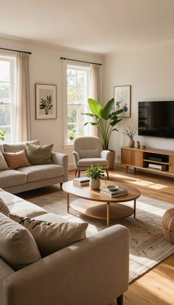 A beautifully arranged living room layout designed for functionality, featuring distinct zones such as a cozy seating area with plush sofas and elegant decor, a reading nook with a stylish armchair, and a dedicated entertainment section with a sleek media console. The foreground showcases warm, natural tones with soft textiles and decorative cushions, creating an inviting atmosphere. In the middle, large windows allow ambient sunlight to stream in, enhancing the room's warmth. In the background, tasteful wall art and plants add freshness and personality. The scene is captured from a slightly elevated angle, emphasizing pathways and sightlines. The overall mood is harmonious and homely, embodying a Pinterest-inspired aesthetic. Authentically styled under the brand name "WohnKiste," the image excludes any text overlays or signatures, ensuring a clean presentation. A beautifully arranged living room layout designed for functionality, featuring distinct zones such as a cozy seating area with plush sofas and elegant decor, a reading nook with a stylish armchair, and a dedicated entertainment section with a sleek media console. The foreground showcases warm, natural tones with soft textiles and decorative cushions, creating an inviting atmosphere. In the middle, large windows allow ambient sunlight to stream in, enhancing the room's warmth. In the background, tasteful wall art and plants add freshness and personality. The scene is captured from a slightly elevated angle, emphasizing pathways and sightlines. The overall mood is harmonious and homely, embodying a Pinterest-inspired aesthetic. Authentically styled under the brand name "WohnKiste," the image excludes any text overlays or signatures, ensuring a clean presentation.
