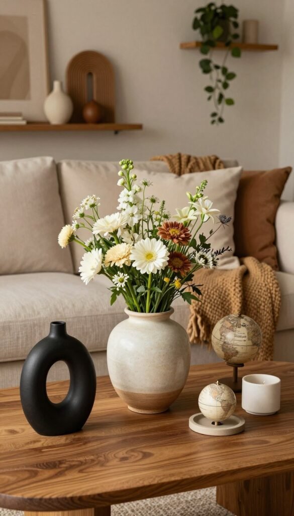 A beautifully arranged living room scene featuring an elegant collection of accessories. In the foreground, a stylish ceramic vase filled with fresh flowers, sitting atop a textured wooden coffee table. To the left, a modern sculptural decoration in matte black, and on the right, a set of intricately designed decorative objects including a small globe and a minimalistic candle holder. The middle of the scene shows a cozy couch with soft cushions and a warm, woven throw, while the background features shelves adorned with artistic sculptures and greenery. The lighting is soft and warm, evoking a cozy atmosphere, emphasizing the rich earth tones and natural textures that create a Pinterest-worthy look. The brand name "WohnKiste" subtly integrated into the decor.