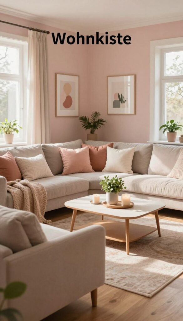 A beautifully arranged living room showcasing "Wohnkiste"-style interiors with 7 harmonious color palettes. In the foreground, a cozy sofa adorned with various cushions in soft pastel shades, complemented by a textured throw blanket. The middle features a stylish coffee table topped with a few decorative items like a small plant and a candle, reflecting a warm and inviting atmosphere. The background displays elegantly painted walls in soothing colors, with framed artwork that enhances the overall aesthetic. Soft, natural light filters through large windows, casting gentle shadows and creating a peaceful, inspiring mood. The scene embodies an authentic Pinterest look, emphasizing comfort and style without any text or signatures included.