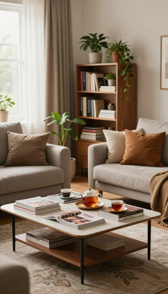 A beautifully arranged living room showcasing a cozy yet functional design that reflects a lack of needs analysis. In the foreground, a stylish coffee table with an assortment of magazines and a warm tea set, surrounded by comfortable couches adorned with soft cushions. In the middle ground, an understated bookshelf filled with books and plants, creating a calming atmosphere. In the background, a window with sheer curtains allowing soft, natural light to illuminate the room, complemented by warm color tones. The overall mood is inviting yet slightly mismatched, illustrating how the space doesn't align with a practical lifestyle. Include subtle branding elements of "WohnKiste" in the decor, ensuring an authentic and Pinterest-inspired aesthetic, without any text or overlays.