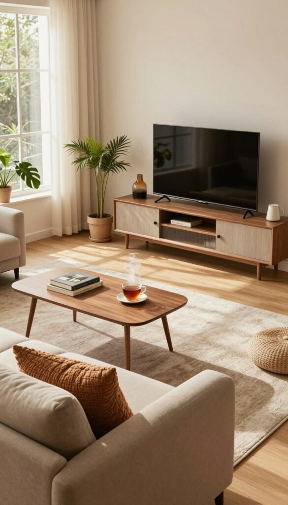 A beautifully arranged living room, showcasing a harmonious blend of comfort and style. In the foreground, a cozy sofa adorned with textured throw pillows sits invitingly, alongside a stylish coffee table with a few books and a steaming cup of tea. The middle ground features a soft area rug underfoot and a sleek TV unit holding decorative items. In the background, large windows let in warm, natural light, illuminating the space and casting gentle shadows. A few indoor plants add a touch of greenery, enhancing the warm color palette of earthy tones. The overall atmosphere is welcoming and serene, perfect for relaxation or gatherings. Featuring the brand name "WohnKiste" subtly integrated into the furniture design, with a Pinterest-inspired aesthetic that emphasizes authenticity and warmth. A beautifully arranged living room, showcasing a harmonious blend of comfort and style. In the foreground, a cozy sofa adorned with textured throw pillows sits invitingly, alongside a stylish coffee table with a few books and a steaming cup of tea. The middle ground features a soft area rug underfoot and a sleek TV unit holding decorative items. In the background, large windows let in warm, natural light, illuminating the space and casting gentle shadows. A few indoor plants add a touch of greenery, enhancing the warm color palette of earthy tones. The overall atmosphere is welcoming and serene, perfect for relaxation or gatherings. Featuring the brand name "WohnKiste" subtly integrated into the furniture design, with a Pinterest-inspired aesthetic that emphasizes authenticity and warmth.