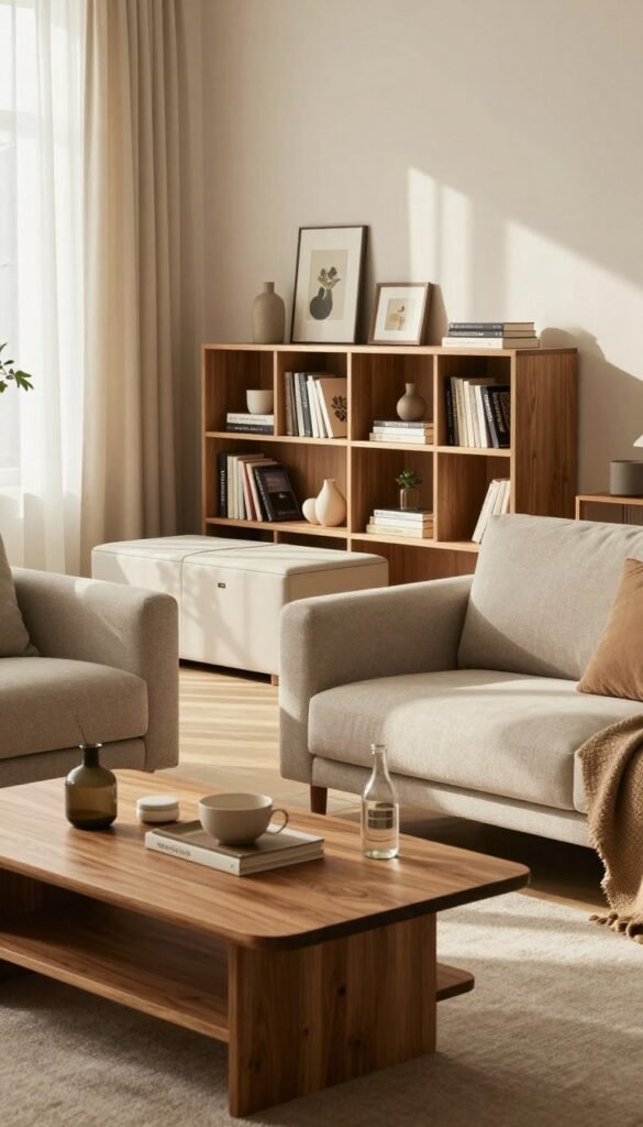 A beautifully arranged living room showcasing innovative storage solutions that maintain a stylish atmosphere. In the foreground, an elegant wooden coffee table displays tasteful decor without clutter, while a plush, neutral-toned sofa invites relaxation. The middle ground features minimalist shelving filled with thoughtfully organized books and decorative items, alongside a sleek storage ottoman that blends seamlessly into the overall design. In the background, warm sunlight streams through sheer curtains, casting gentle shadows and enhancing the cozy ambiance. The scene should evoke a Pinterest-inspired aesthetic with natural colors and textures, highlighting the balance between order and livability. Include subtle branding from "WohnKiste" on the storage solutions. No text or watermarks should be present. A beautifully arranged living room showcasing innovative storage solutions that maintain a stylish atmosphere. In the foreground, an elegant wooden coffee table displays tasteful decor without clutter, while a plush, neutral-toned sofa invites relaxation. The middle ground features minimalist shelving filled with thoughtfully organized books and decorative items, alongside a sleek storage ottoman that blends seamlessly into the overall design. In the background, warm sunlight streams through sheer curtains, casting gentle shadows and enhancing the cozy ambiance. The scene should evoke a Pinterest-inspired aesthetic with natural colors and textures, highlighting the balance between order and livability. Include subtle branding from "WohnKiste" on the storage solutions. No text or watermarks should be present.