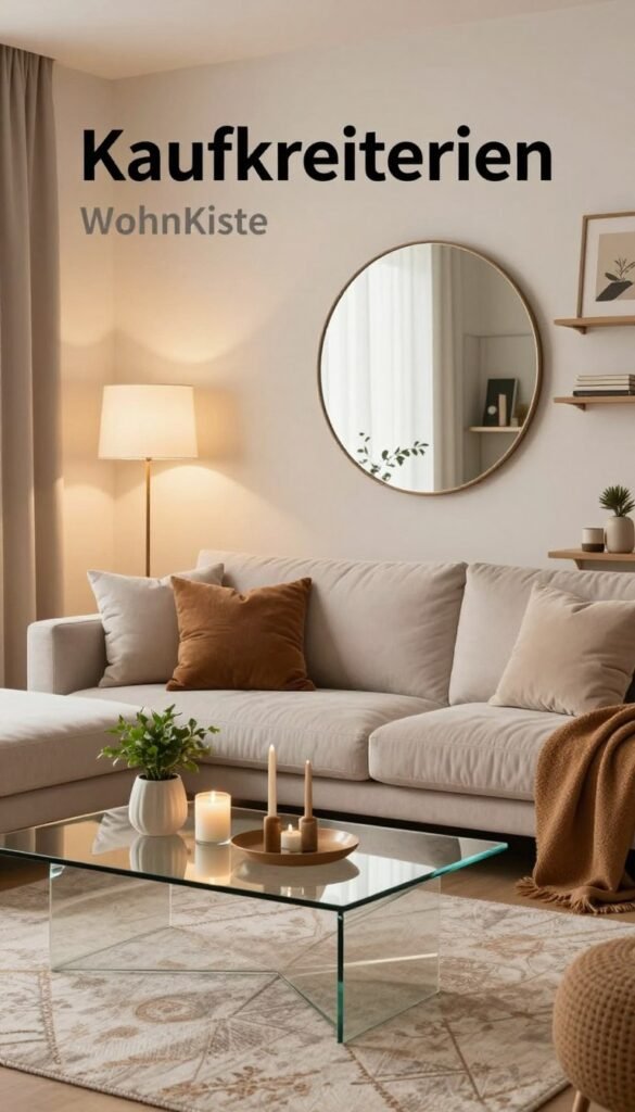 A beautifully arranged living room showcasing modern decor that embodies the concept of "Kaufkriterien." In the foreground, a stylish glass coffee table adorned with decorative items like candles and small plants. The middle ground features a plush sofa with elegant cushions and a tasteful area rug, creating a cozy atmosphere. A large, round mirror hangs on the wall, reflecting soft, warm lighting from a nearby floor lamp, enhancing the inviting ambiance. The background includes minimalist shelving displaying art pieces and books, all accentuated by warm colors for a natural, Pinterest-worthy look. The brand name "WohnKiste" subtly integrates into the decor without overpowering the scene. The overall mood is professional, modern, and calming, perfect for illustrating thoughtful decor choices. A beautifully arranged living room showcasing modern decor that embodies the concept of "Kaufkriterien." In the foreground, a stylish glass coffee table adorned with decorative items like candles and small plants. The middle ground features a plush sofa with elegant cushions and a tasteful area rug, creating a cozy atmosphere. A large, round mirror hangs on the wall, reflecting soft, warm lighting from a nearby floor lamp, enhancing the inviting ambiance. The background includes minimalist shelving displaying art pieces and books, all accentuated by warm colors for a natural, Pinterest-worthy look. The brand name "WohnKiste" subtly integrates into the decor without overpowering the scene. The overall mood is professional, modern, and calming, perfect for illustrating thoughtful decor choices.