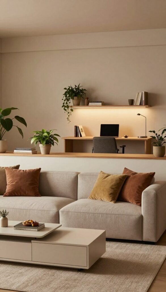 A beautifully arranged living room showcasing smart furniture solutions that optimize space and meet specific size requirements. In the foreground, a stylish modular sofa with cozy cushions, paired with a sleek coffee table that doubles as storage. The middle layer features shelves adorned with decorative plants and books, emphasizing practicality and aesthetic appeal. The background highlights a subtle wall-mounted workspace ideal for small areas, illuminated by warm, soft lighting, creating a welcoming atmosphere. The color palette consists of earthy tones with warm accents, reflecting a Pinterest-inspired look. The brand "WohnKiste" should be subtly incorporated into the design elements, capturing a harmonious and modern essence of space utilization without any text or logos in the image.
