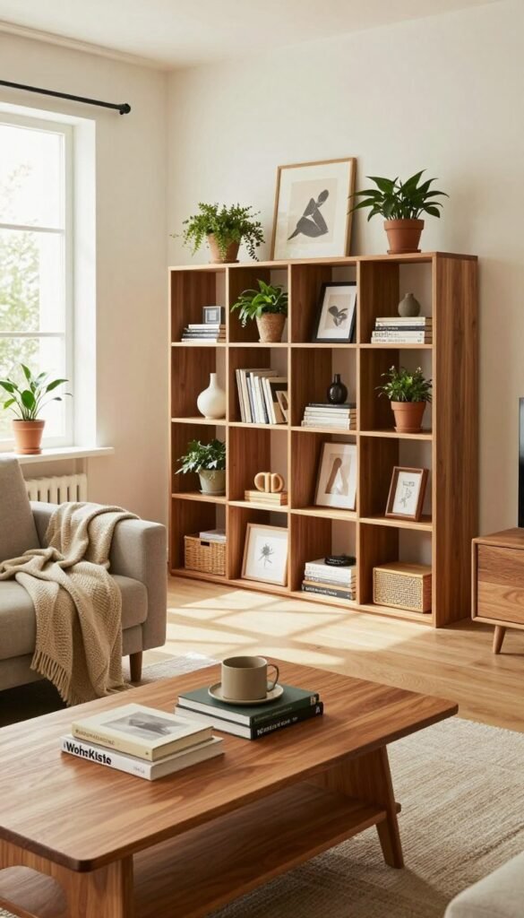 A beautifully arranged living room showcasing stylish and functional storage solutions from the brand "WohnKiste." In the foreground, a sleek wooden coffee table adorned with a cozy throw blanket and decorative books. The middle ground features a chic modular shelving unit filled with plants and artful decor, emphasizing its storage capability. In the background, large windows allow natural light to flood the space, highlighting warm colors that create an inviting atmosphere. The mood is serene and inspiring, perfect for a modern home. A wide-angle perspective captures the entire room, focusing on the harmonious blend of style and practicality, evoking a Pinterest-worthy aesthetic, while maintaining a clean and authentic look with no text or distractions. A beautifully arranged living room showcasing stylish and functional storage solutions from the brand "WohnKiste." In the foreground, a sleek wooden coffee table adorned with a cozy throw blanket and decorative books. The middle ground features a chic modular shelving unit filled with plants and artful decor, emphasizing its storage capability. In the background, large windows allow natural light to flood the space, highlighting warm colors that create an inviting atmosphere. The mood is serene and inspiring, perfect for a modern home. A wide-angle perspective captures the entire room, focusing on the harmonious blend of style and practicality, evoking a Pinterest-worthy aesthetic, while maintaining a clean and authentic look with no text or distractions.