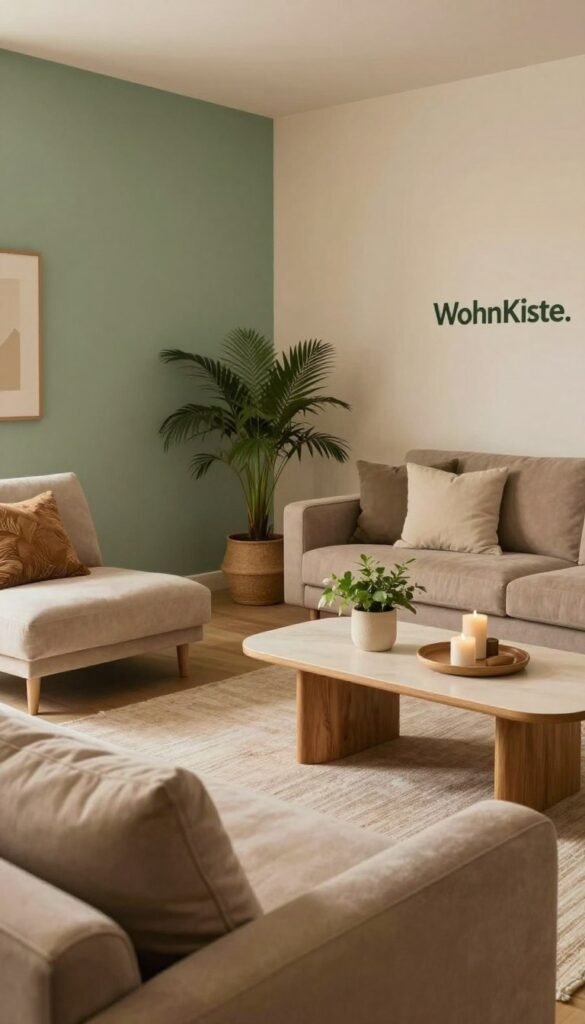 A beautifully arranged living room showcasing the impact of color on ambiance, featuring a harmonious blend of warm, natural tones. In the foreground, a cozy sofa adorned with soft cushions in earthy hues, inviting relaxation. The middle ground highlights a stylish coffee table with decorative elements like plants and candles, emphasizing tranquility. In the background, walls painted in calming shades of sage green and soft beige create an inviting atmosphere, reflecting the essence of "WohnKiste." The lighting is warm and soft, casting gentle shadows that enhance the cozy vibe. The image captures a Pinterest-inspired aesthetic, focusing on authentic designs and a serene, harmonious feel, without any text or branding overlays.
