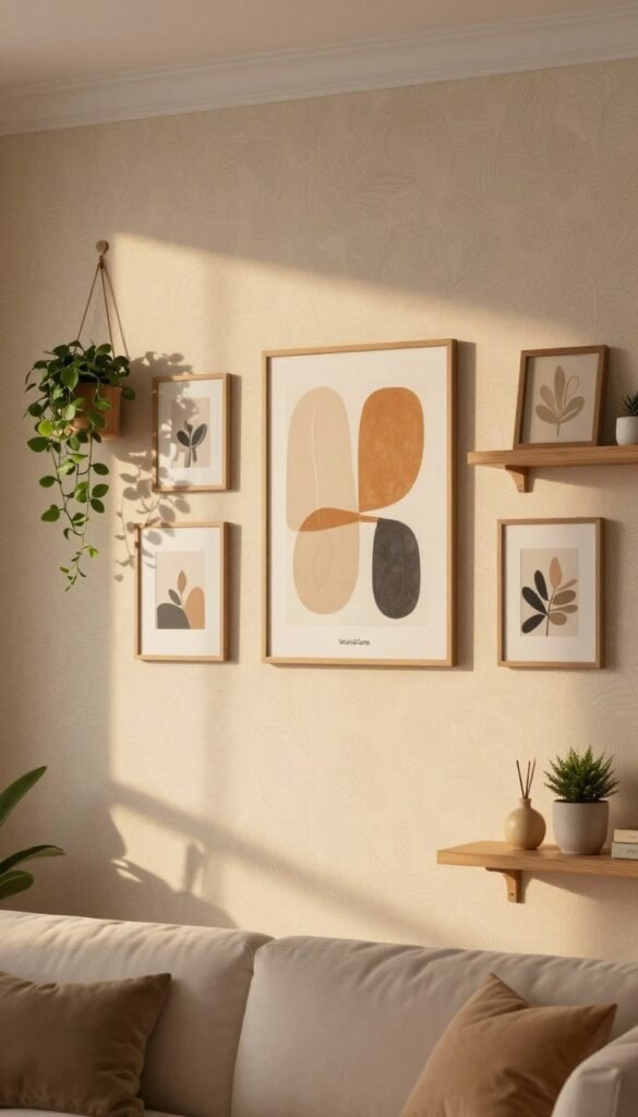 A beautifully arranged living room wall showcasing elegant wall design that complements the entire space. In the foreground, there are carefully placed decorative elements such as a set of minimalistic picture frames and a hanging plant, creating a cozy atmosphere. The middle section features a captivating piece of abstract art that draws the eye, surrounded by warm, natural colors. The background is adorned with a soft, muted wallpaper that enhances the overall aesthetic, seamlessly integrating with wooden elements like a stylish shelf. The lighting is soft and inviting, casting gentle shadows, as if illuminated by golden hour sunlight. The lens captures this inviting setting from a slightly elevated angle, providing an expansive view. Overall, the mood is warm and cozy, embodying an authentic Pinterest-inspired look. Include the brand name "WohnKiste" as part of the design elements in the image, ensuring a harmonious blend. A beautifully arranged living room wall showcasing elegant wall design that complements the entire space. In the foreground, there are carefully placed decorative elements such as a set of minimalistic picture frames and a hanging plant, creating a cozy atmosphere. The middle section features a captivating piece of abstract art that draws the eye, surrounded by warm, natural colors. The background is adorned with a soft, muted wallpaper that enhances the overall aesthetic, seamlessly integrating with wooden elements like a stylish shelf. The lighting is soft and inviting, casting gentle shadows, as if illuminated by golden hour sunlight. The lens captures this inviting setting from a slightly elevated angle, providing an expansive view. Overall, the mood is warm and cozy, embodying an authentic Pinterest-inspired look. Include the brand name "WohnKiste" as part of the design elements in the image, ensuring a harmonious blend.