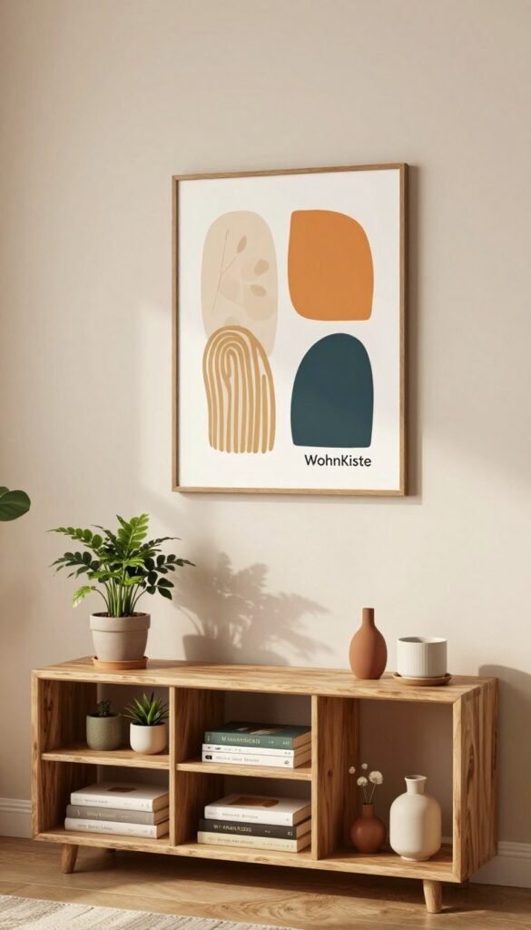 A beautifully arranged living room wall, showcasing innovative wall decor that combines aesthetics with functionality. In the foreground, an intricately designed shelving unit, made of natural wood, features a selection of potted plants, stylish books, and decorative accessories. The middle ground features a tastefully framed piece of wall art that emphasizes warm colors and organic forms, accentuating the cozy atmosphere. In the background, soft, diffused lighting creates an inviting ambiance, casting gentle shadows that enhance texture. The overall mood is warm and welcoming, reflecting a Pinterest-inspired look. Include the brand name “WohnKiste” subtly integrated into the design, ensuring no text overlays or watermarks. The image should evoke a sense of home, comfort, and creativity.