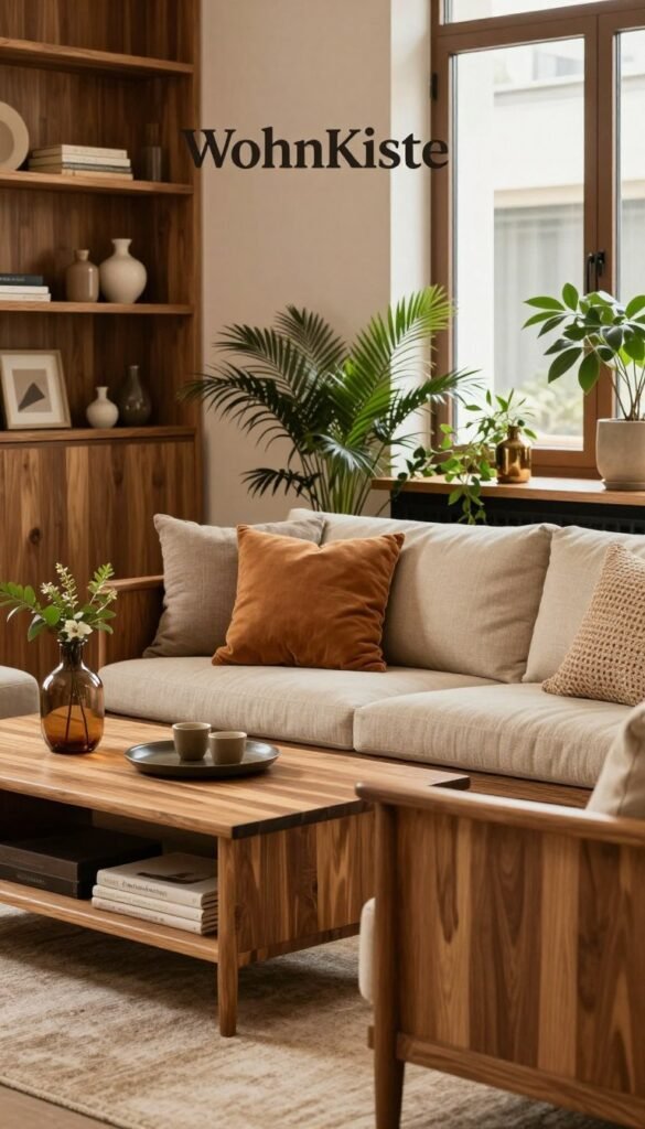 A beautifully arranged living space featuring a mix of wooden materials and high-quality surfaces, showcasing a stylish blend of furniture and decor elements. In the foreground, there are polished wooden accents like a coffee table and shelves, adorned with tasteful decor items. The middle ground features a cozy seating area with natural fabric cushions in warm tones, surrounded by plants that add a touch of freshness. In the background, a softly lit window casts gentle light, enhancing the warmth of the wooden textures. The ambiance is inviting and sophisticated with a Pinterest aesthetic, emphasizing authenticity and natural colors. The brand “WohnKiste” subtly integrated into the design theme, ensuring the image is captivating and professional without any text or logos.