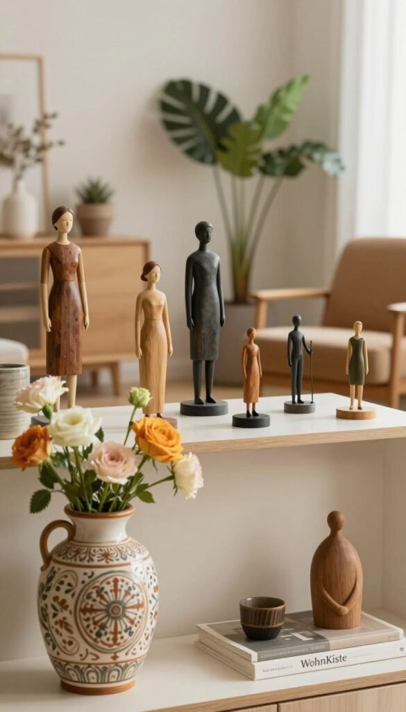 A beautifully arranged living space featuring decorative figures and small objects that create stylish accents without overcrowding the room. In the foreground, highlight a unique ceramic vase with intricate designs, adorned with fresh flowers. In the middle ground, showcase a collection of elegant figurines in varying sizes, made of wood and metal, artfully displayed on a minimalist shelf. The background reveals a softly lit room with natural elements, such as potted plants and a cozy armchair, bathed in warm colors for a welcoming atmosphere. Soft, diffused lighting enhances the textures and details, creating a harmonious Pinterest-inspired aesthetic. The scene is complete with a touch of refinement, embodying the spirit of "WohnKiste" without any text or distractions.