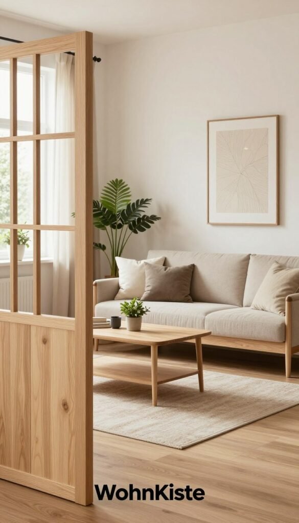 A beautifully arranged living space featuring stylish and functional furniture from the brand "WohnKiste". In the foreground, a modern room divider made of light wood, elegantly separating the area. In the middle ground, a cozy seating arrangement with neutral-tone cushions and a small coffee table adorned with plants, creating an inviting atmosphere. In the background, soft natural light filters through large windows, illuminating textured wall art and potted greenery. The overall aesthetic embodies a warm color palette, reminiscent of Pinterest inspiration, conveying a sense of calm and functionality. The image captures the essence of contemporary design, blending practicality with aesthetic appeal, perfect for illustrating smart space usage in modern homes.