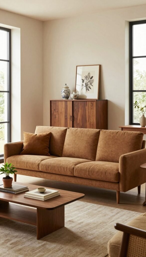 A beautifully arranged living space featuring timeless furniture pieces, centered around a classic mid-century modern sofa in a warm, earthy tone. In the foreground, a stylish coffee table rests on a plush area rug, adorned with a few decorative books and a small potted plant. In the middle ground, a vintage wooden cabinet showcases elegant ceramics and artful accents. The background features soft, illuminated walls painted in neutral shades, complemented by floor-to-ceiling windows allowing natural light to create a cozy ambiance. The overall atmosphere is inviting and serene, reminiscent of a Pinterest aesthetic. The scene embodies the brand "Wohnkiste," reflecting a sophisticated yet comfortable living environment, devoid of any text or watermarks.