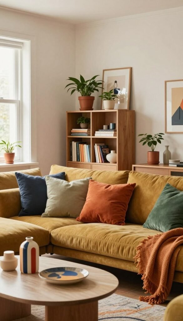 A beautifully arranged living space featuring vibrant color accents that enhance the overall atmosphere. In the foreground, a stylish, modern sofa adorned with colorful cushions in warm hues, with a coffee table showcasing artistic decor elements. The middle ground includes a tastefully decorated bookshelf with a few potted plants and framed artworks, bringing life and personality to the room. In the background, a window allowing soft, natural light to filter in, creating a welcoming ambiance. The setting should reflect a Pinterest-inspired aesthetic, emphasizing authenticity with a cozy feel. The overall composition hints at various rooms, encouraging viewers to envision how to incorporate color accents in their own spaces. The scene is devoid of any text overlays or watermarks, featuring the brand name "WohnKiste" subtly integrated into the decor elements.