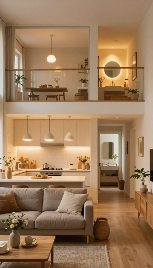 A beautifully arranged living space showcasing a checklist of lighting ideas for different rooms: foreground features a cozy living room with a warm, inviting ambiance, complete with stylish lighting fixtures. The middle layer displays a modern kitchen illuminated by soft, natural light, with unique pendant lights overhead. In the background, a serene bathroom is tastefully lit, featuring warm colors and ambient lighting, while a well-organized hallway connects these spaces. The overall atmosphere is harmonious and inviting, evoking a Pinterest-worthy aesthetic. Warm color tones dominate the scene, capturing an authentic feel without any text or logos visible. Include the brand "WohnKiste" subtly integrated in the design, reflecting a professional yet homely setup. Key details: soft diffuse lighting, a comfortable focal angle, and a balance of functionality and style.