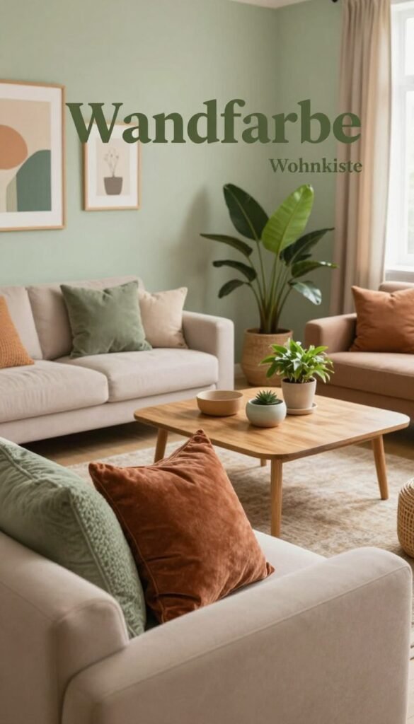 A beautifully arranged living space showcasing a harmonious color concept inspired by "Wandfarbe". In the foreground, a cozy couch in soft beige with a mix of textured cushions in muted green and warm terracotta. In the middle ground, a stylish wooden coffee table adorned with a tasteful arrangement of potted plants and decorative items. The walls are painted in a calming light sage color, complemented by framed art in complementary hues. The background features softly draped curtains letting in warm, natural light, enhancing the cozy atmosphere. A warm and inviting mood pervades the scene, reflecting a Pinterest-inspired aesthetic. The brand name "Wohnkiste" subtly incorporated in a decorative item.