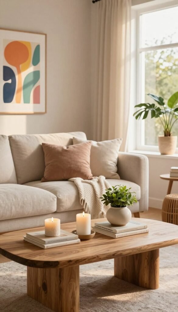 A beautifully arranged living space showcasing a variety of decorative ideas for different home issues. In the foreground, a stylish coffee table adorned with natural materials like wood and ceramic, featuring decorative items such as candles, a small plant, and tasteful books. In the middle, a cozy sofa with a textured throw and pillows harmoniously arranged, complemented by a vibrant wall art piece that expresses creativity. The background displays a well-lit room through a large window, softly diffusing warm sunlight, enhancing the inviting atmosphere. The color palette consists of warm tones and pastel accents, embodying a Pinterest-inspired aesthetic. The ambiance is authentic and serene, aiming to inspire viewers to explore diverse decoration styles. Incorporate elements that represent the brand WohnKiste subtly within the decor.