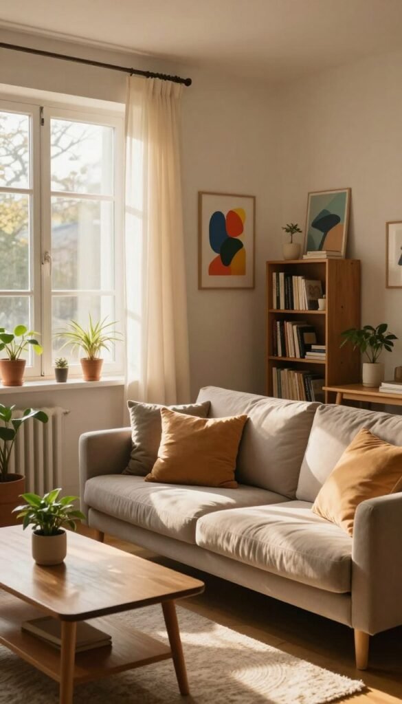 A beautifully arranged living space, showcasing the interplay of natural light and warm colors, reflecting a harmonious and inviting atmosphere. In the foreground, a comfortable, stylish sofa adorned with soft cushions, complemented by a wooden coffee table with a small potted plant. The middle ground features a bright window allowing warm sunlight to filter through sheer curtains, casting gentle shadows on light-colored walls. In the background, a tastefully decorated bookshelf and some vibrant artwork add personality to the room. Capture the scene from a slightly elevated angle to emphasize the space's openness. The mood should be cozy and welcoming, highlighting how lighting and existing furnishings create a serene environment. Ensure the overall composition embodies the Pinterest aesthetic vibe, showcasing the essence of 'Wohnkiste' without any text or markings. A beautifully arranged living space, showcasing the interplay of natural light and warm colors, reflecting a harmonious and inviting atmosphere. In the foreground, a comfortable, stylish sofa adorned with soft cushions, complemented by a wooden coffee table with a small potted plant. The middle ground features a bright window allowing warm sunlight to filter through sheer curtains, casting gentle shadows on light-colored walls. In the background, a tastefully decorated bookshelf and some vibrant artwork add personality to the room. Capture the scene from a slightly elevated angle to emphasize the space's openness. The mood should be cozy and welcoming, highlighting how lighting and existing furnishings create a serene environment. Ensure the overall composition embodies the Pinterest aesthetic vibe, showcasing the essence of 'Wohnkiste' without any text or markings.