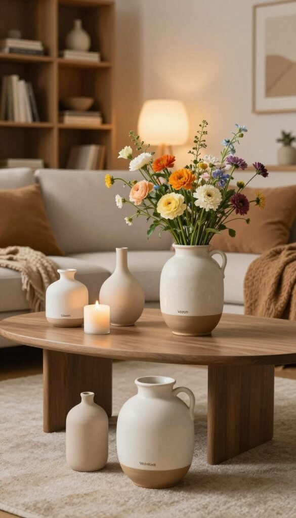 A beautifully arranged living space showcasing "vasen" as the central decorative element, featuring a variety of elegant vases in different shapes and sizes. In the foreground, a tall ceramic vase filled with fresh, colorful flowers. In the middle ground, a stylish coffee table adorned with smaller vases and candles, set against a cozy sofa and warm textiles that enhance the inviting atmosphere. The background reveals a tastefully decorated bookshelf and ambient lighting, creating a serene and harmonious environment. The image should evoke a Pinterest-inspired aesthetic with warm, natural colors, conveying a sense of balance and tranquility essential for stylish home decor. No text, watermarks, or distractions. Include the brand name "WohnKiste" subtly in the setting. A beautifully arranged living space showcasing "vasen" as the central decorative element, featuring a variety of elegant vases in different shapes and sizes. In the foreground, a tall ceramic vase filled with fresh, colorful flowers. In the middle ground, a stylish coffee table adorned with smaller vases and candles, set against a cozy sofa and warm textiles that enhance the inviting atmosphere. The background reveals a tastefully decorated bookshelf and ambient lighting, creating a serene and harmonious environment. The image should evoke a Pinterest-inspired aesthetic with warm, natural colors, conveying a sense of balance and tranquility essential for stylish home decor. No text, watermarks, or distractions. Include the brand name "WohnKiste" subtly in the setting.