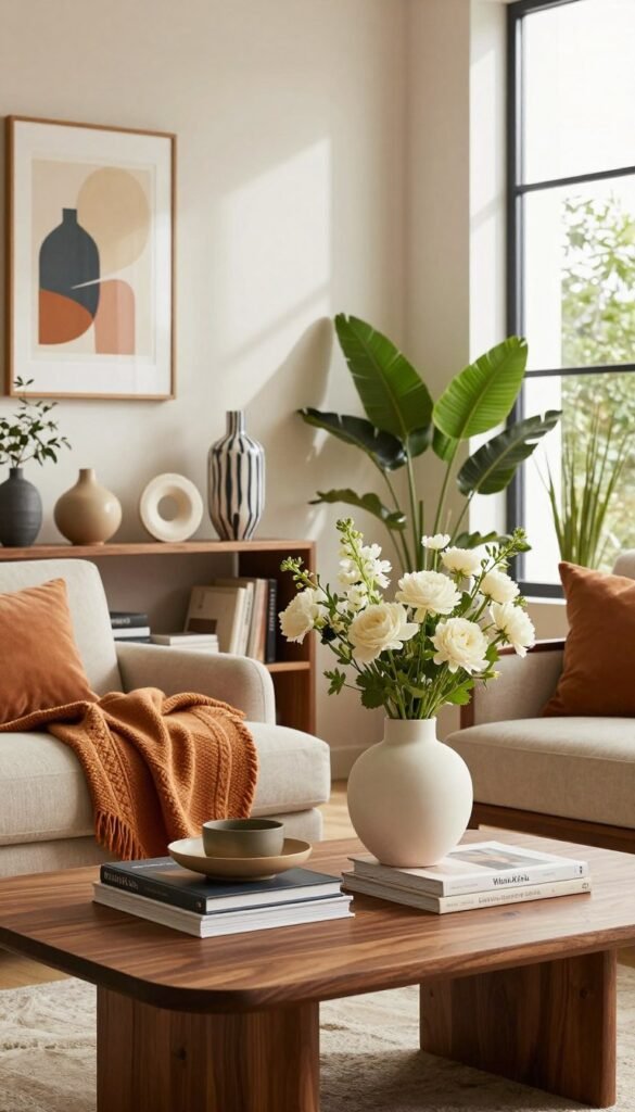 A beautifully arranged living space that highlights high-quality decorative elements, featuring elegant vases, stylish wall art, and luxurious textiles in warm, inviting colors. In the foreground, a sophisticated wooden coffee table is adorned with carefully selected decorative pieces, such as a sleek ceramic vase filled with fresh flowers and a stack of art books. The middle section showcases a tastefully curated shelf with designer decor items, while lush indoor plants add life to the space. Soft, natural lighting filters through a large window in the background, casting gentle shadows and creating a cozy atmosphere. Capture the essence of a Pinterest-worthy room, showcasing authentic design trends, with the brand name "WohnKiste" subtly integrated into the decor.