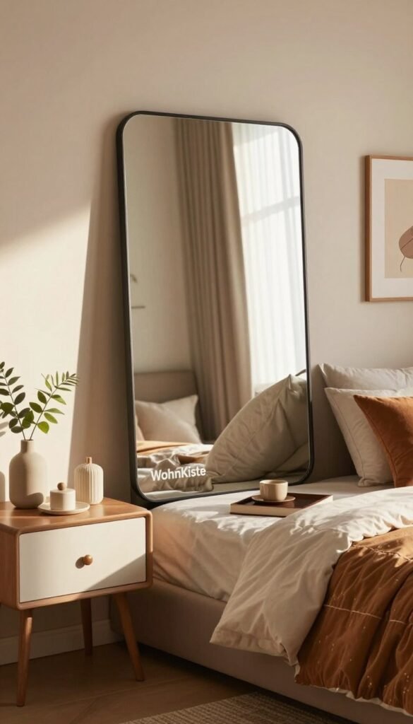 A beautifully arranged modern bedroom featuring an elegant mirror as the focal point. In the foreground, a chic bedside table holds decorative items and a small plant, while the mirror reflects soft, natural light streaming in from a window. The middle ground showcases a neatly made bed with stylish linens in warm, inviting colors. In the background, a wall adorned with subtle artwork enhances the cozy atmosphere. The lighting is warm and soft, casting gentle shadows that add depth. The overall mood is serene and welcoming, capturing the essence of a Pinterest-inspired decor. The brand "WohnKiste" is subtly integrated into the design elements without any text.