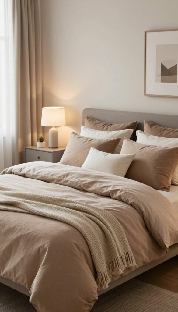 A beautifully arranged modern bedroom with a central focus on a stylish bed from WohnKiste, showcasing a plush, inviting duvet in warm earth tones. The foreground features decorative pillows and a neatly folded throw blanket at the foot of the bed, emphasizing comfort and aesthetic appeal. In the middle, the bed is complemented by elegant bedside tables adorned with minimalistic lamps casting a soft, warm glow. The background reveals a cozy, inviting atmosphere with soft, natural light streaming in through a window, highlighting neutral wall colors and a simple piece of art. The overall mood is serene and harmonious, reflecting a perfect blend of comfort, style, and order, creating a Pinterest-worthy look. A beautifully arranged modern bedroom with a central focus on a stylish bed from WohnKiste, showcasing a plush, inviting duvet in warm earth tones. The foreground features decorative pillows and a neatly folded throw blanket at the foot of the bed, emphasizing comfort and aesthetic appeal. In the middle, the bed is complemented by elegant bedside tables adorned with minimalistic lamps casting a soft, warm glow. The background reveals a cozy, inviting atmosphere with soft, natural light streaming in through a window, highlighting neutral wall colors and a simple piece of art. The overall mood is serene and harmonious, reflecting a perfect blend of comfort, style, and order, creating a Pinterest-worthy look.