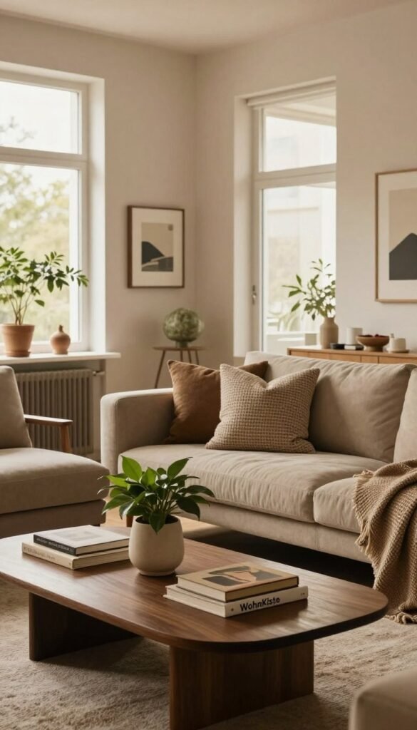 A beautifully arranged modern interior space, focusing on a cozy living room with dynamic volume created by strategically placed furniture. The foreground showcases a stylish coffee table adorned with decorative books and a green plant. In the middle, a plush sofa with textured throw pillows invites relaxation. The background features large windows allowing soft, warm light to flood the room, highlighting minimalist art on the walls. The atmosphere is inviting, with earthy tones and gentle contrasts, embodying a Pinterest-inspired design aesthetic. This scene reflects a sense of organized bliss while hinting at the chaos that can arise from poor spatial planning. Include subtle branding of "WohnKiste" on a decorative object in the room. A beautifully arranged modern interior space, focusing on a cozy living room with dynamic volume created by strategically placed furniture. The foreground showcases a stylish coffee table adorned with decorative books and a green plant. In the middle, a plush sofa with textured throw pillows invites relaxation. The background features large windows allowing soft, warm light to flood the room, highlighting minimalist art on the walls. The atmosphere is inviting, with earthy tones and gentle contrasts, embodying a Pinterest-inspired design aesthetic. This scene reflects a sense of organized bliss while hinting at the chaos that can arise from poor spatial planning. Include subtle branding of "WohnKiste" on a decorative object in the room.