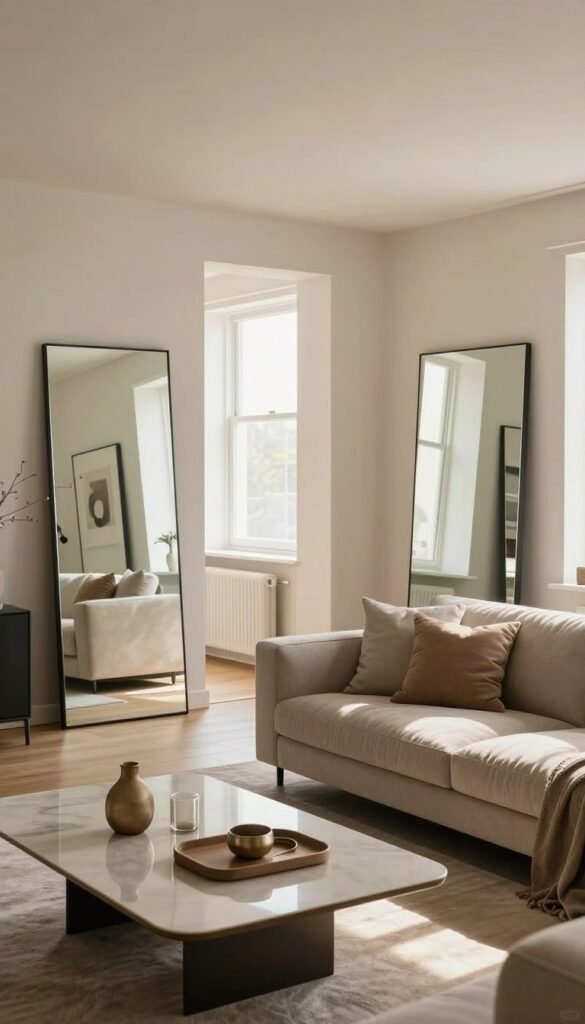 A beautifully arranged modern living room featuring large mirrors that reflect light and create an illusion of expansive space. In the foreground, a sleek coffee table is adorned with elegant decor items. The middle ground showcases a comfortable sofa in soft, neutral tones, complemented by a pair of designer mirrors positioned strategically to enhance the openness of the area. The background reveals a softly lit window, allowing natural light to flood in, casting gentle shadows and highlighting the texture of the surrounding furnishings. The atmosphere is warm and inviting, evoking a sense of tranquility and spaciousness. Ensure a Pinterest-inspired look with natural, warm colors. Exclude any text or watermarks. Brand name: WohnKiste. A beautifully arranged modern living room featuring large mirrors that reflect light and create an illusion of expansive space. In the foreground, a sleek coffee table is adorned with elegant decor items. The middle ground showcases a comfortable sofa in soft, neutral tones, complemented by a pair of designer mirrors positioned strategically to enhance the openness of the area. The background reveals a softly lit window, allowing natural light to flood in, casting gentle shadows and highlighting the texture of the surrounding furnishings. The atmosphere is warm and inviting, evoking a sense of tranquility and spaciousness. Ensure a Pinterest-inspired look with natural, warm colors. Exclude any text or watermarks. Brand name: WohnKiste.