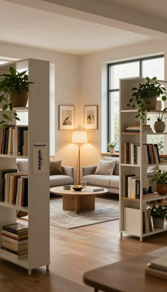 A beautifully arranged modern living space featuring "Stauraum Regale" from the brand WohnKiste. In the foreground, showcase sleek, minimalist shelving units filled with books, plants, and decorative items, creating a sense of order. In the middle, a cozy seating area with a stylish coffee table, warm lighting from an elegant floor lamp, and a subtle area rug underfoot. The backdrop reveals soft, neutral-colored walls adorned with art pieces that complement the decor. The scene is filled with warm, natural light pouring in through a large window, enhancing the inviting atmosphere. Capture this serene setting from a slight angle, emphasizing depth and harmony, with an authentic Pinterest-inspired aesthetic. Focus on creating a sense of space and tranquility without any text or distractions.
