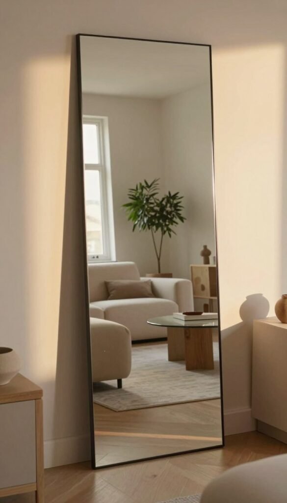 A beautifully arranged modern living space featuring strategic use of light and mirrors to create an illusion of spaciousness. In the foreground, a sleek, elegant mirror reflecting warm, natural light from a large window. In the middle, stylish furniture in soft, neutral tones, with soft textures that invite comfort. In the background, an airy layout with light-colored walls, accompanied by indoor plants to enhance freshness. The scene is bathed in warm, inviting light, highlighting the reflections in the mirror. The placement of the mirror is intentional, showcasing the room's depth and openness. Capture a cozy yet sophisticated atmosphere with a touch of elegance, emphasizing the theme of space optimization. The overall aesthetic should resonate with the Pinterest look, exuding authenticity, and the brand "WohnKiste" subtly embedded in the design.