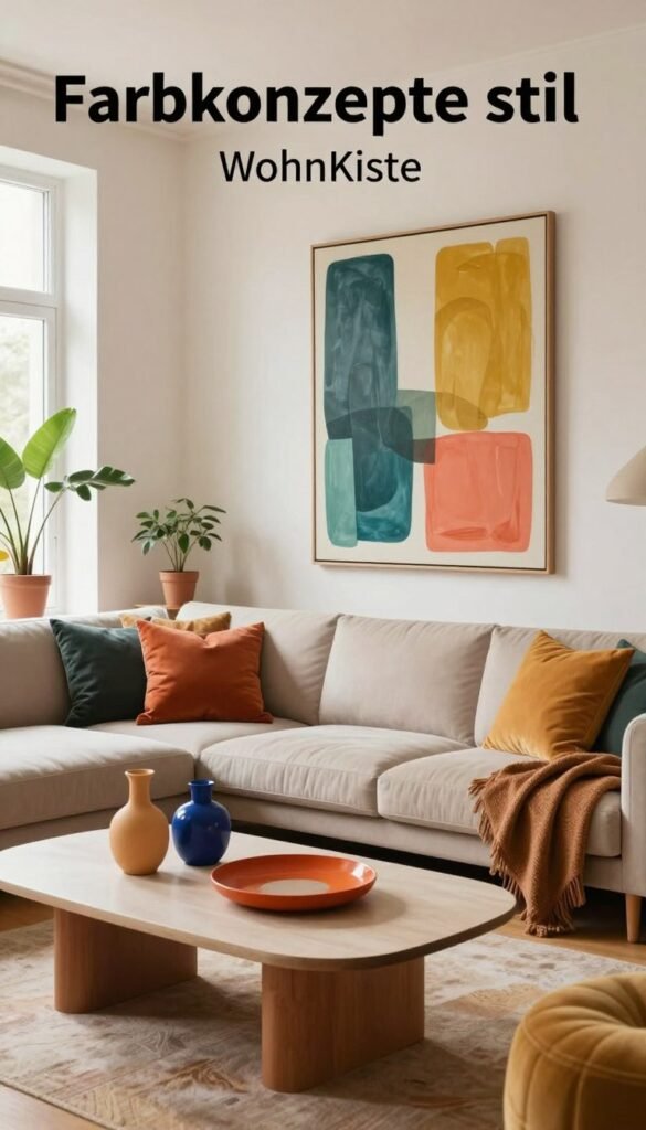 A beautifully arranged modern living space inspired by "Farbkonzepte stil" by WohnKiste. In the foreground, a stylish coffee table adorned with vibrant decorative objects in warm, inviting colors. The middle ground features a cozy sofa set in soft, neutral tones, complemented by colorful cushions that reflect a harmonious color palette. A large, abstract painting, blending shades of teal, mustard, and coral, hangs on a softly lit wall, adding depth and interest. The background showcases large windows that flood the room with natural light, highlighting wooden flooring and potted plants that bring life to the atmosphere. The overall mood is warm, welcoming, and trendy, echoing modern décor concepts without any text or distractions.