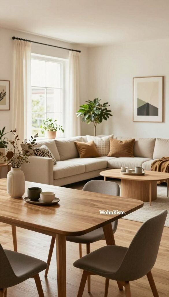 A beautifully arranged modern living space showcasing elegant furniture from the brand "WohnKiste." In the foreground, a stylish wooden dining table is set with minimalist decor, complemented by chic chairs. The middle ground features a cozy seating area with a plush sofa adorned with decorative cushions and a contemporary coffee table. In the background, large windows allow natural light to flood the room, creating warm and inviting hues. Soft plants add a touch of greenery, while art pieces on the walls enhance the sophisticated atmosphere. The overall mood is relaxed and inspiring, with an aesthetic reminiscent of Pinterest interiors, capturing the essence of modern living. The image is well-lit and framed to highlight the beauty of the furniture selections without any text or logos.