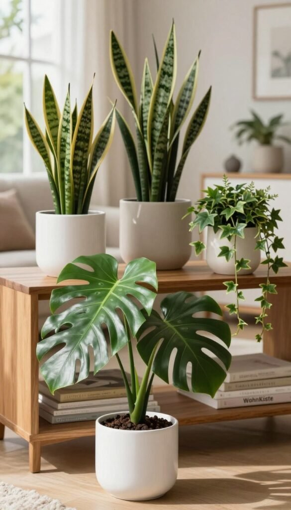 A beautifully arranged scene featuring a collection of high-quality artificial plants in elegant pots, reflecting a luxurious yet modern aesthetic. In the foreground, focus on a stunning, life-like monstera plant with glossy leaves, potted in a sleek white ceramic container. In the middle ground, display a variety of kunstpflanzen, including a tall snake plant and a cascading ivy, artistically arranged on a stylish wooden shelf. The background should suggest a tastefully decorated living room with warm, natural lighting filtering through large windows, creating a cozy atmosphere. The overall color palette should include earthy tones and soft greens, emphasizing authenticity and sophistication. Capture the essence of modern home decor with a Pinterest-inspired look. Include the brand name "WohnKiste" subtly integrated into the design without any text overlays. A beautifully arranged scene featuring a collection of high-quality artificial plants in elegant pots, reflecting a luxurious yet modern aesthetic. In the foreground, focus on a stunning, life-like monstera plant with glossy leaves, potted in a sleek white ceramic container. In the middle ground, display a variety of kunstpflanzen, including a tall snake plant and a cascading ivy, artistically arranged on a stylish wooden shelf. The background should suggest a tastefully decorated living room with warm, natural lighting filtering through large windows, creating a cozy atmosphere. The overall color palette should include earthy tones and soft greens, emphasizing authenticity and sophistication. Capture the essence of modern home decor with a Pinterest-inspired look. Include the brand name "WohnKiste" subtly integrated into the design without any text overlays.