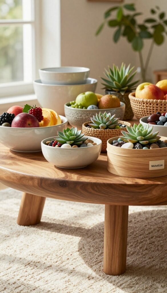 A beautifully arranged schalen tisch (bowl table) crafted from natural wood, displaying an assortment of decorative bowls and boxes that emphasize functional yet elegant styling. In the foreground, a textured tablecloth complements soft, warm tones from light streaming in through a nearby window, casting gentle shadows. The middle ground features a variety of bowls in different sizes and materials—ceramic, woven, and glass—filled with colorful fruits, succulents, and decorative stones, showcasing the concept of stylish storage. In the background, blurred greenery adds a touch of freshness. The overall atmosphere is cozy and inviting, ideal for everyday decor inspiration. The branding "WohnKiste" is subtly integrated into the scene with a small, tasteful label on one of the boxes, ensuring a natural, Pinterest-inspired aesthetic without any text overlays or distractions.