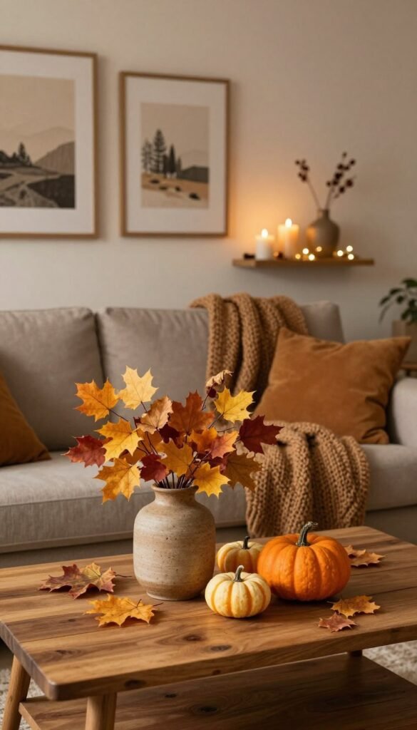 A beautifully arranged seasonal decoration scene that embodies warmth and authenticity, perfect for a cozy, stylish living room. In the foreground, a wooden coffee table adorned with a rustic vase filled with autumn leaves and small pumpkins. The middle features a comfortable sofa draped with knitted blankets in warm earthy tones. Soft, golden light fills the room, creating a welcoming atmosphere. The background showcases a wall with framed artwork and a shelf displaying seasonal decor elements like candles and fairy lights, adding a touch of whimsy. The overall composition captures the essence of seasonal change, reflecting a Pinterest aesthetic. This image is created for "WohnKiste" and avoids any text or branding overlays.