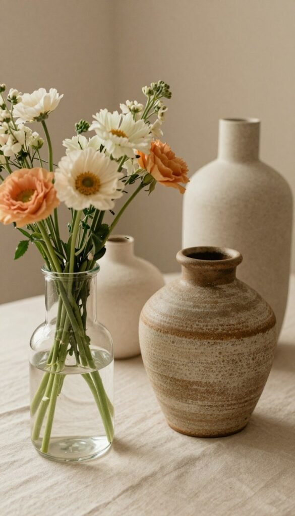 A beautifully arranged set of vases showcasing a variety of materials including glass, ceramic, and stoneware. In the foreground, feature an elegant glass vase filled with fresh flowers, its delicate transparency catching the light. Next to it, a rustic ceramic vase, textured and earthy, complements the gloss of the glass. In the background, a simple, stylish stoneware vase adds a touch of modern design. Surrounding the vases, a soft, neutral-colored tablecloth enhances the warm color palette. The scene is softly lit, creating a cozy, inviting atmosphere, reminiscent of a Pinterest-inspired setting. Capture this image with a warm filter, a shallow depth of field, and an angle that highlights the craftsmanship of each vase. Ensure there are no text overlays, logos, or watermarks in the image. Include elements that subtly nod to the brand WohnKiste through the selection of decor styles.