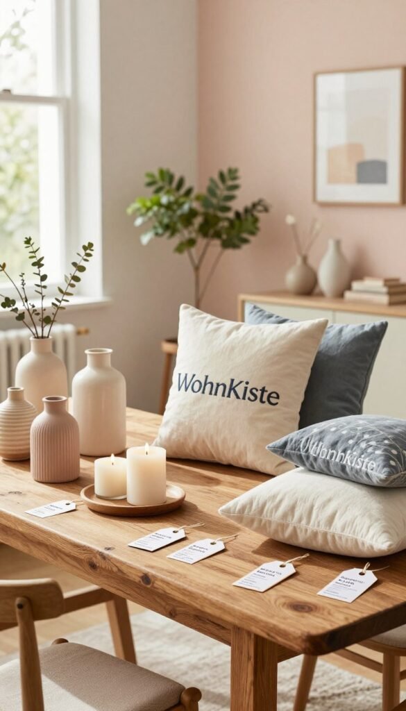 A beautifully arranged shopping guide featuring a variety of home decor items, displayed on a rustic wooden table. In the foreground, elegant decorations such as vases, candles, and decorative pillows from the brand "WohnKiste" are artfully positioned, showcasing various styles and colors. The middle of the image includes stylish price tags, emphasizing affordability and elegance for different budget ranges. In the background, a softly lit, cozy living space can be seen, with pastel-colored walls and a touch of greenery, creating a warm and inviting atmosphere. The lighting is natural, with soft sunlight filtering through a nearby window, enhancing the authentic and Pinterest-worthy look of the scene. The overall mood is uplifting and inspiring, ideal for anyone looking to rejuvenate their home decor.