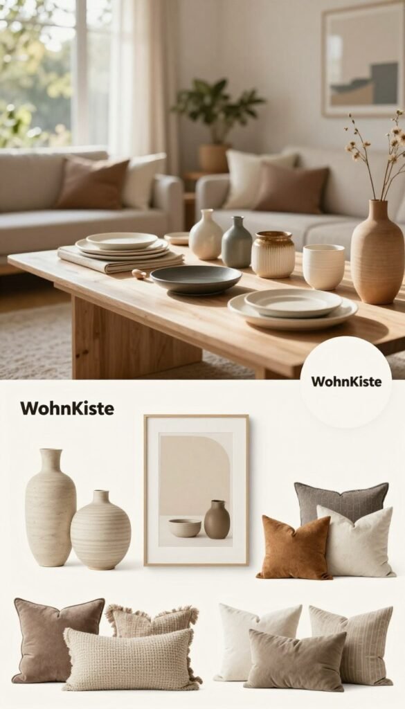 A beautifully arranged shopping guide layout, showcasing modern home decor items suitable for stylish upgrades. In the foreground, a curated selection of trendy furniture pieces and decorative accessories like vases, throw pillows, and wall art, branded with "WohnKiste". In the middle ground, a well-lit table filled with an assortment of goods in various price ranges, creating an inviting atmosphere. The background features a softly blurred, tastefully decorated living space with natural light streaming through large windows, casting warm tones across the scene. The mood is cozy and sophisticated, perfectly embodying a Pinterest-inspired aesthetic, emphasizing authenticity and elegance in design. The image should be free of text, logos, or watermarks to maintain a clean and professional look. A beautifully arranged shopping guide layout, showcasing modern home decor items suitable for stylish upgrades. In the foreground, a curated selection of trendy furniture pieces and decorative accessories like vases, throw pillows, and wall art, branded with "WohnKiste". In the middle ground, a well-lit table filled with an assortment of goods in various price ranges, creating an inviting atmosphere. The background features a softly blurred, tastefully decorated living space with natural light streaming through large windows, casting warm tones across the scene. The mood is cozy and sophisticated, perfectly embodying a Pinterest-inspired aesthetic, emphasizing authenticity and elegance in design. The image should be free of text, logos, or watermarks to maintain a clean and professional look.