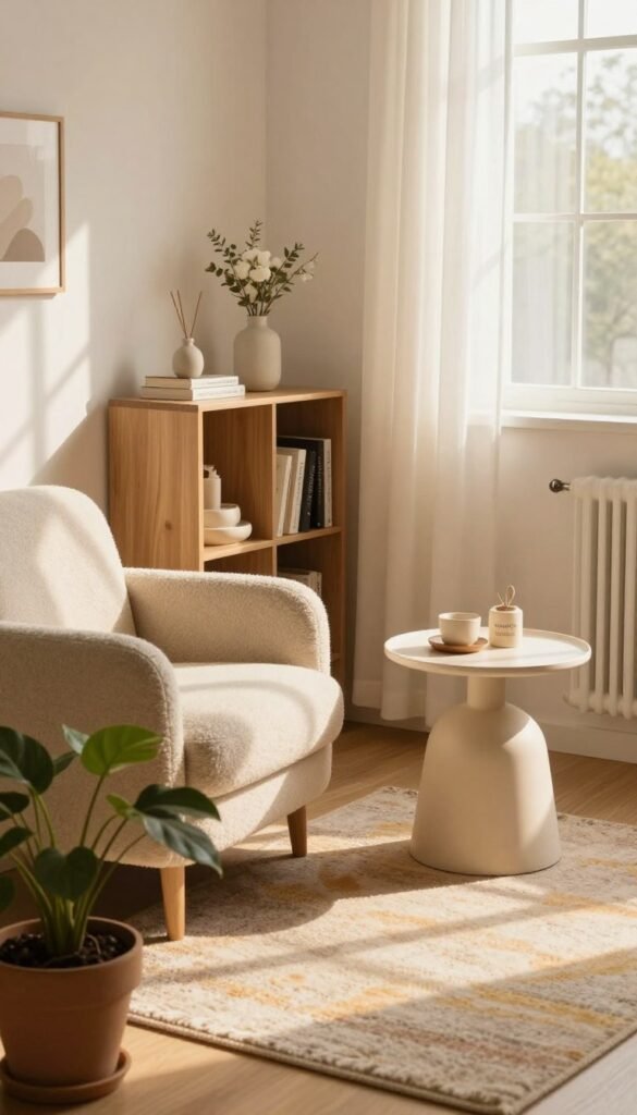A beautifully arranged small living space by WohnKiste, featuring a cozy corner with a plush armchair and a stylish side table. The foreground showcases a potted plant beside the chair, adding a touch of nature. In the middle, a sleek bookshelf with decorative items creates an inviting atmosphere, while a soft, brightly colored rug defines the area. The background shows a light-filled window with sheer curtains that diffuse warm sunlight, creating a serene ambiance. The setting exudes a Pinterest-inspired aesthetic with warm colors, natural textures, and minimalist decor. Capture this scene from an angle slightly above eye level to reflect the cozy, intimate feel of the space, ensuring the image is authentically styled without any text or overlays. A beautifully arranged small living space by WohnKiste, featuring a cozy corner with a plush armchair and a stylish side table. The foreground showcases a potted plant beside the chair, adding a touch of nature. In the middle, a sleek bookshelf with decorative items creates an inviting atmosphere, while a soft, brightly colored rug defines the area. The background shows a light-filled window with sheer curtains that diffuse warm sunlight, creating a serene ambiance. The setting exudes a Pinterest-inspired aesthetic with warm colors, natural textures, and minimalist decor. Capture this scene from an angle slightly above eye level to reflect the cozy, intimate feel of the space, ensuring the image is authentically styled without any text or overlays.