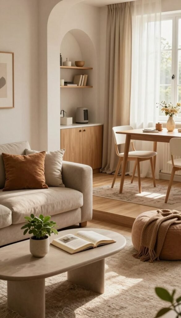 A beautifully arranged small living space designed to illustrate the concept of zoning in interior design. In the foreground, a cozy seating area features plush, muted colors with soft cushions, a stylish coffee table adorned with a small plant, and an open book, conveying comfort and warmth. The middle ground includes a subtle division between the seating area and a dining nook defined by a tasteful area rug, enhancing the feeling of distinct zones. In the background, soft natural light streams through sheer curtains, casting warm tones across the room, highlighting natural materials like wood and stone. The overall atmosphere is serene and harmonious, suggesting a tranquil retreat. The aesthetic embodies a Pinterest-worthy ambiance, centered around the brand "WohnKiste."