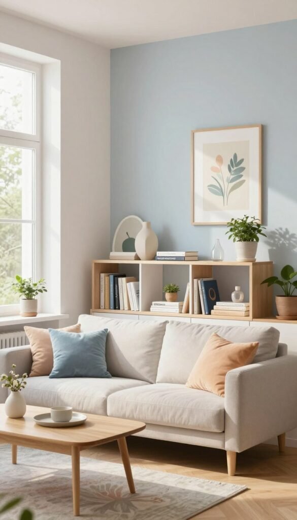A beautifully arranged small living space featuring light, airy colors like soft whites, pale blues, and gentle pastels. In the foreground, a cozy seating area with a light-colored sofa adorned with colorful cushions, placed beside a minimalistic wooden coffee table. The middle layer showcases a stylish bookshelf with neatly organized books and decorative items, complemented by a large window allowing natural sunlight to flood the room. In the background, a tastefully decorated wall with subtle art pieces and potted plants adds depth, creating a spacious feel. The lighting is warm and inviting, enhancing the soft hues. The atmosphere should evoke a sense of tranquility and openness, ideal for modern living, emphasizing the essence of "wohnKiste".