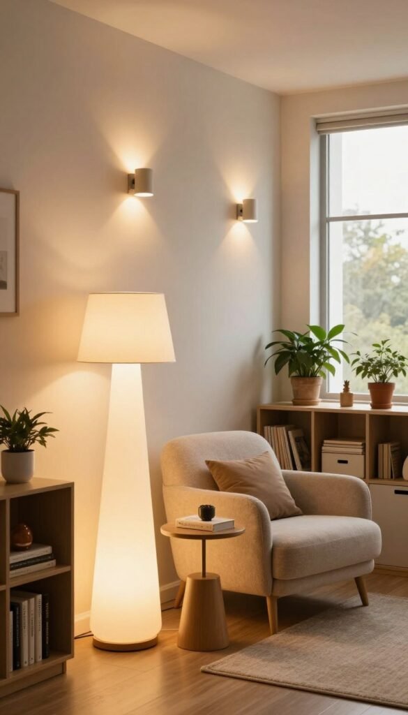 A beautifully arranged small room showcasing a thoughtful lighting design, emphasizing natural light and warm colors. In the foreground, a stylish floor lamp with a soft, diffused glow illuminates a cozy reading nook, adorned with a plush armchair and a small side table. The middle ground features strategically placed light fixtures like wall sconces and a ceiling pendant that enhance brightness without taking up valuable floor space. In the background, a large window invites sunlight, creating an inviting atmosphere. Incorporate smart storage solutions with plants and decorative elements adding to the ambiance. The overall feel is warm, inviting, and modern, reflecting a Pinterest-worthy aesthetic. Branding: WohnKiste.