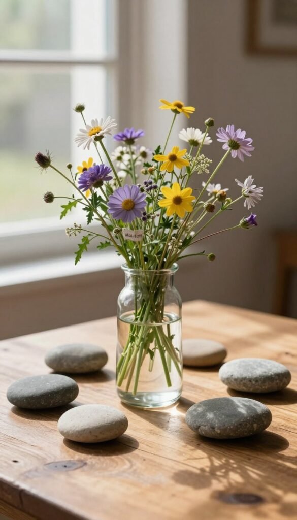 A beautifully arranged still life featuring a clear glass vase filled with fresh wildflowers, elegantly placed on a rustic wooden table. Surrounding the vase, smooth river stones in various shades of grey and warm earth tones create a harmonious contrast. In the background, soft natural lighting filters through a window, casting gentle shadows and highlighting the textures of the stones and flowers. The scene embodies a serene, timeless atmosphere, evoking a sense of calm and authenticity. The warm color palette enhances the inviting feel of the image, reminiscent of popular Pinterest decor trends. The brand name "WohnKiste" subtly integrated into the scene as a decorative element. No text or watermarks are present in the image.