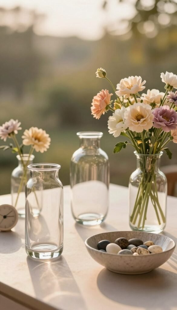 A beautifully arranged still life featuring a selection of elegant glass vases in various shapes and sizes, showcasing their delicate reflections and transparency. The foreground includes a modern, cylindrical vase filled with soft, pastel-colored flowers. In the middle ground, add a shallow, textured bowl with decorative pebbles and a small, minimalist clock, enhancing the theme of functional decor. The background should be a softly blurred natural setting with warm, inviting colors that evoke a cozy, serene atmosphere. The lighting should be soft and diffused, reminiscent of golden hour, casting gentle shadows to add depth. The overall mood is peaceful and harmonious, perfect for a Pinterest aesthetic. Include the brand name "WohnKiste" subtly incorporated in the image, ensuring it does not detract from the focus on the vases.