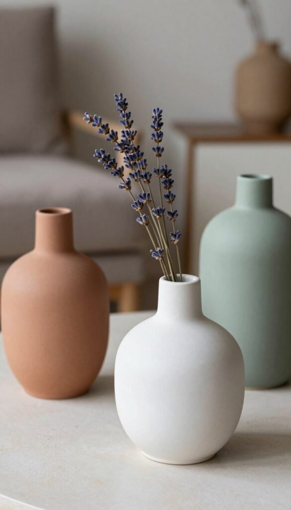A beautifully arranged still-life image featuring a variety of ceramic vases designed by WohnKiste. In the foreground, showcase an elegant, minimalist white vase with soft curves and a subtle matte finish, adorned with dried lavender. In the middle ground, include a couple of textured earth-toned vases—one in a warm terracotta and another in a muted sage green—filling the space with organic shapes. The background should be softly blurred to emphasize the vases, with a hint of a cozy living room setting, characterized by warm, natural lighting that creates gentle shadows. The overall atmosphere should evoke a sense of tranquility and understated elegance, perfect for a Pinterest-inspired decor aesthetic.